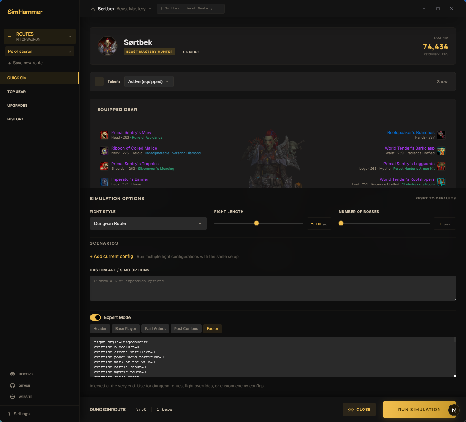 Quick Sim options showing fight configuration